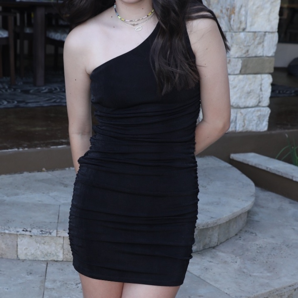 Women's Ruched One Shoulder Black Mini Dress, Size Medium